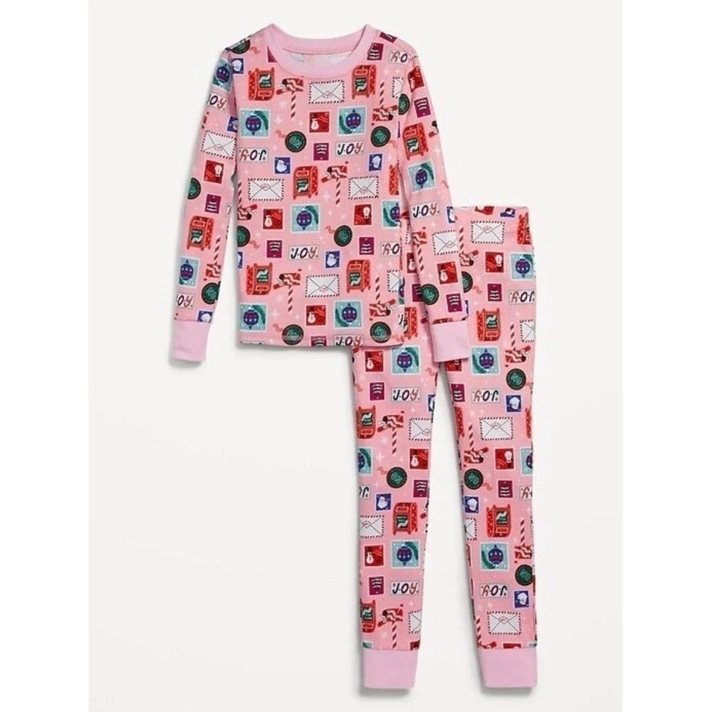 Old Navy Kids Unisex Snug Fit PJ Set - Pink Hoilday Delivery - Size Large (10)